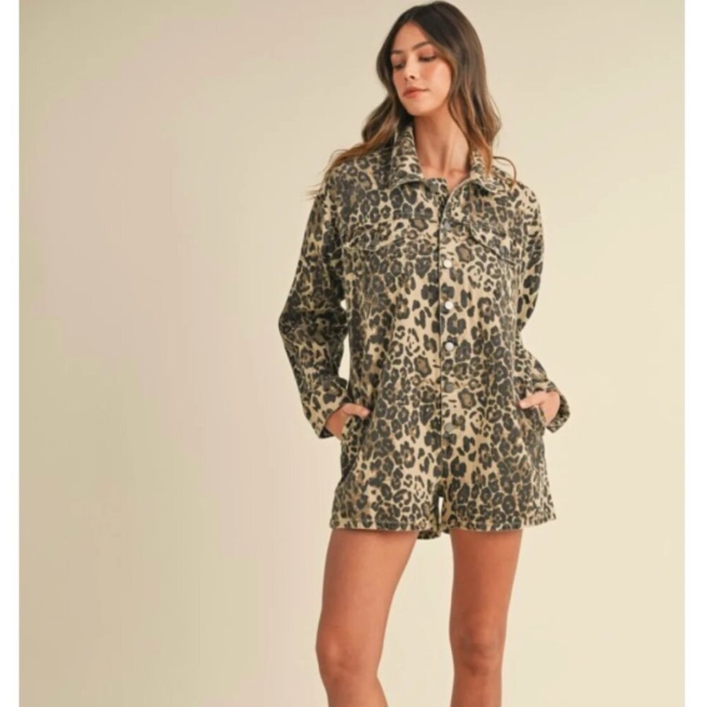 NWT Anthropologie Mable Leopard Denim Romper Size Small